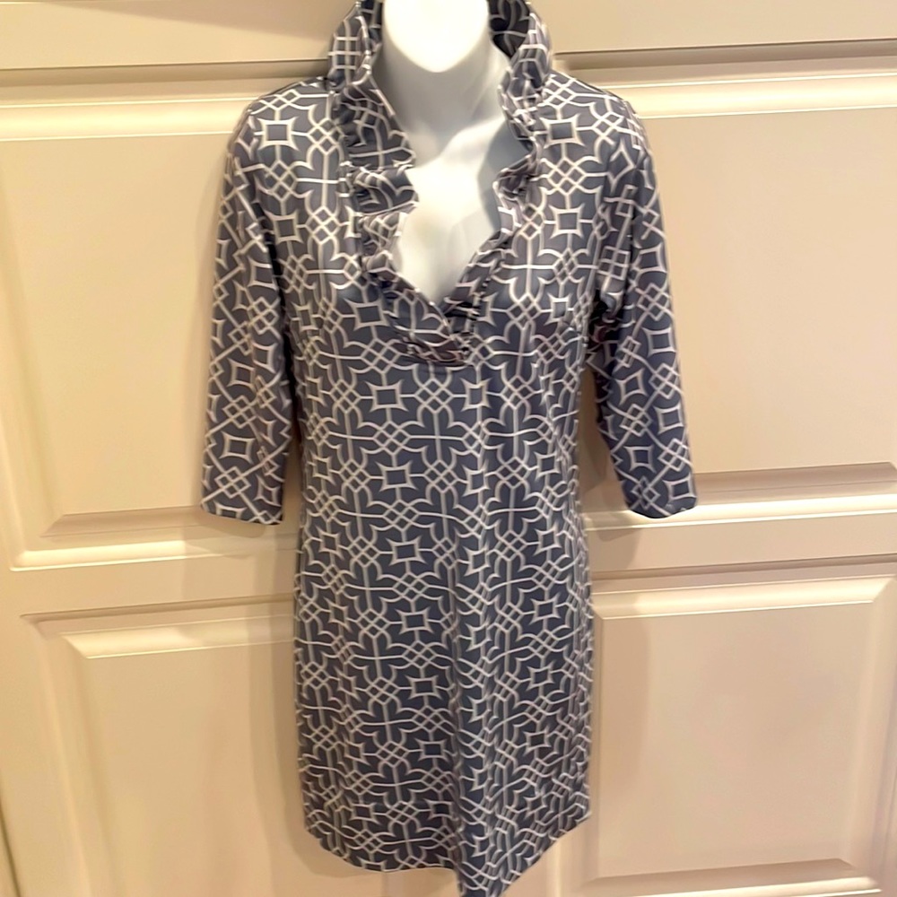 Gretchen Scott Designs Gray and White Geometric Ruffle Neck Dress